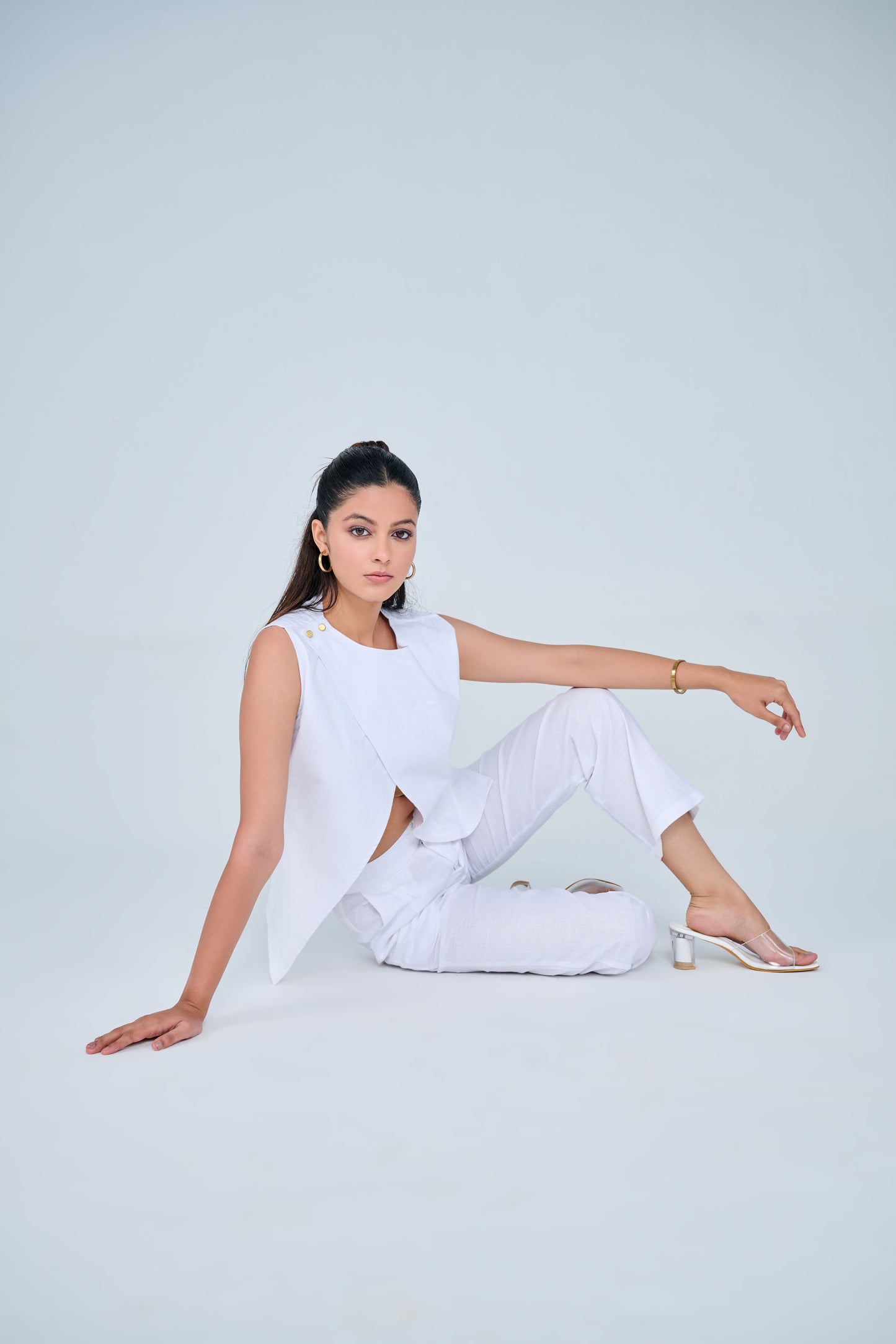 Cotton Blend Slit Formal Co-ord Set ( White )